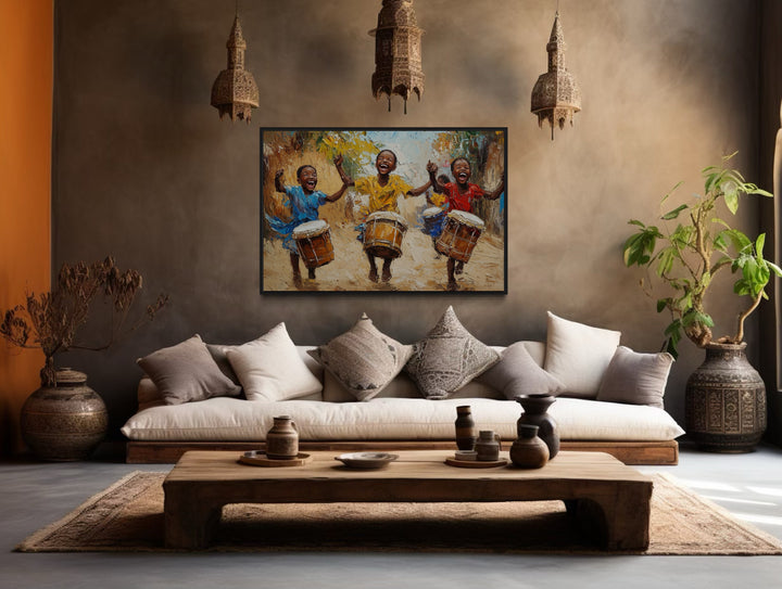 Happy African Kids Playing Drums Framed Canvas Wall Art