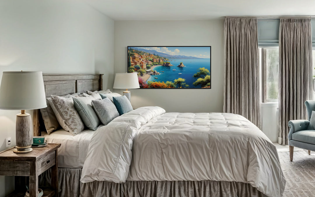 French Riviera Coastal Framed Canvas Wall Art in coastal bedroom