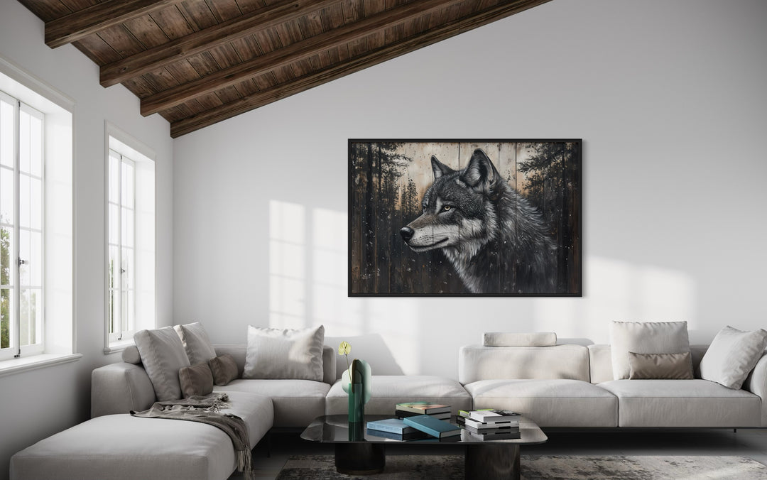 Rustic Wolf Painting On Wood Framed Canvas Wall Art in living room