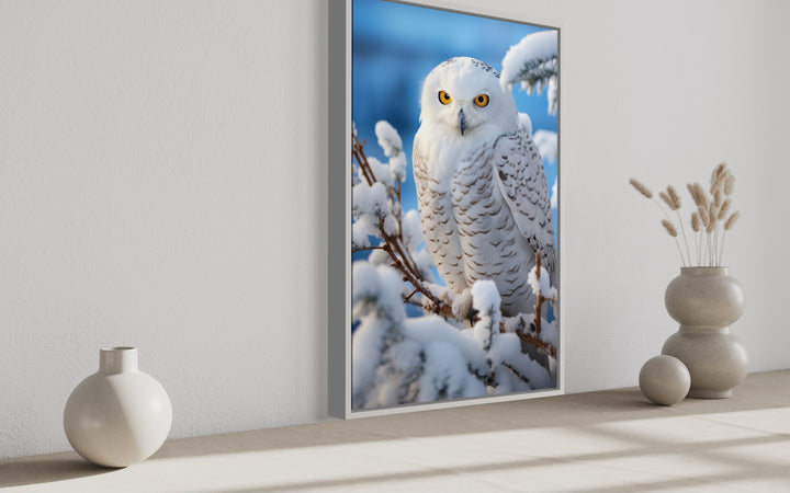 Snowy Owl In Snow Photography Style Framed Canvas Wall Art side view