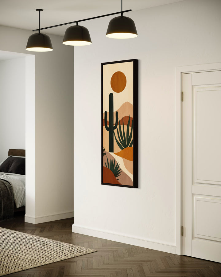 Midcentury Modern Desert Cactus Tall Narrow Vertical Wall Art in living room side view