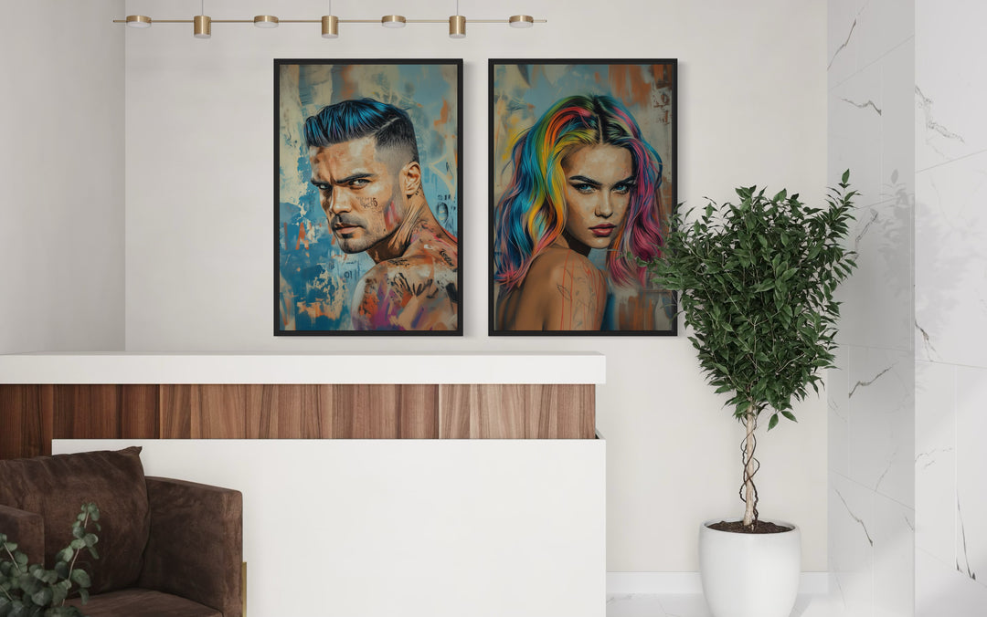 Set Of Two Man And Woman With Rainbow Hair In the salon