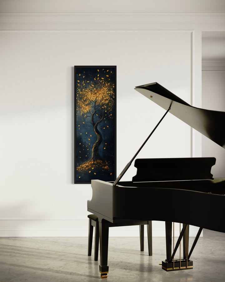 Enchanted Golden Tree On Navy Background Vertical Narrow Wall Art in music room with piano