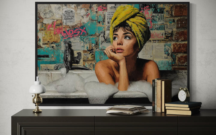 Graffiti Bathtub Girl Wall Art - Pop Art Canvas Print for Bathroom Decor