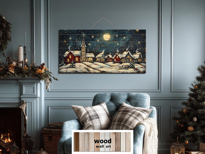 Rustic Christmas Moonlit Village Distressed Wood Wall Art