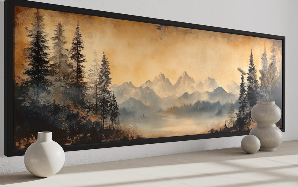 Moody Orange Mountain Lake Landscape Long Horizontal Above Bed Framed Canvas Wall Art side view