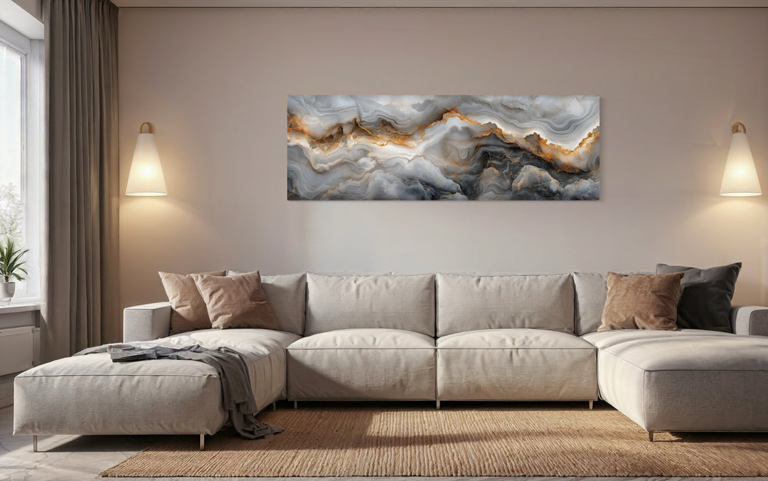 White Gold Black Marble Painting Long Narrow Canvas Wall Art above couch