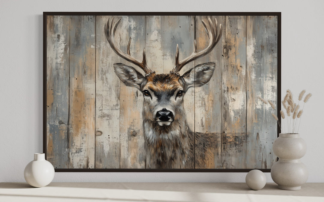 a painting of a deer on a wooden wall in black frame