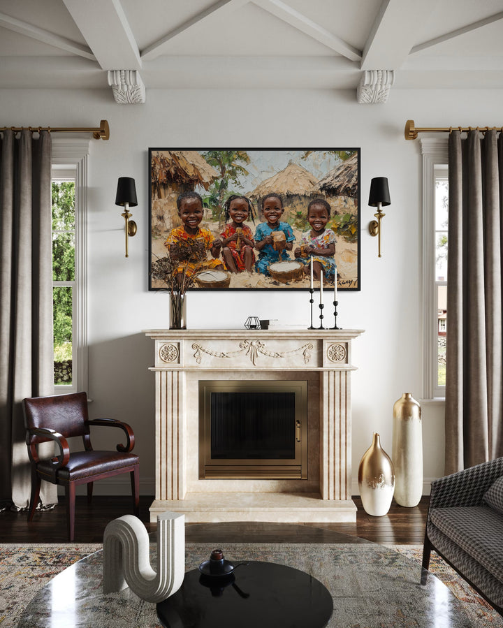 Happy black Children Playing In The Village Framed Canvas Wall Art in a living room filled with furniture and a fire place