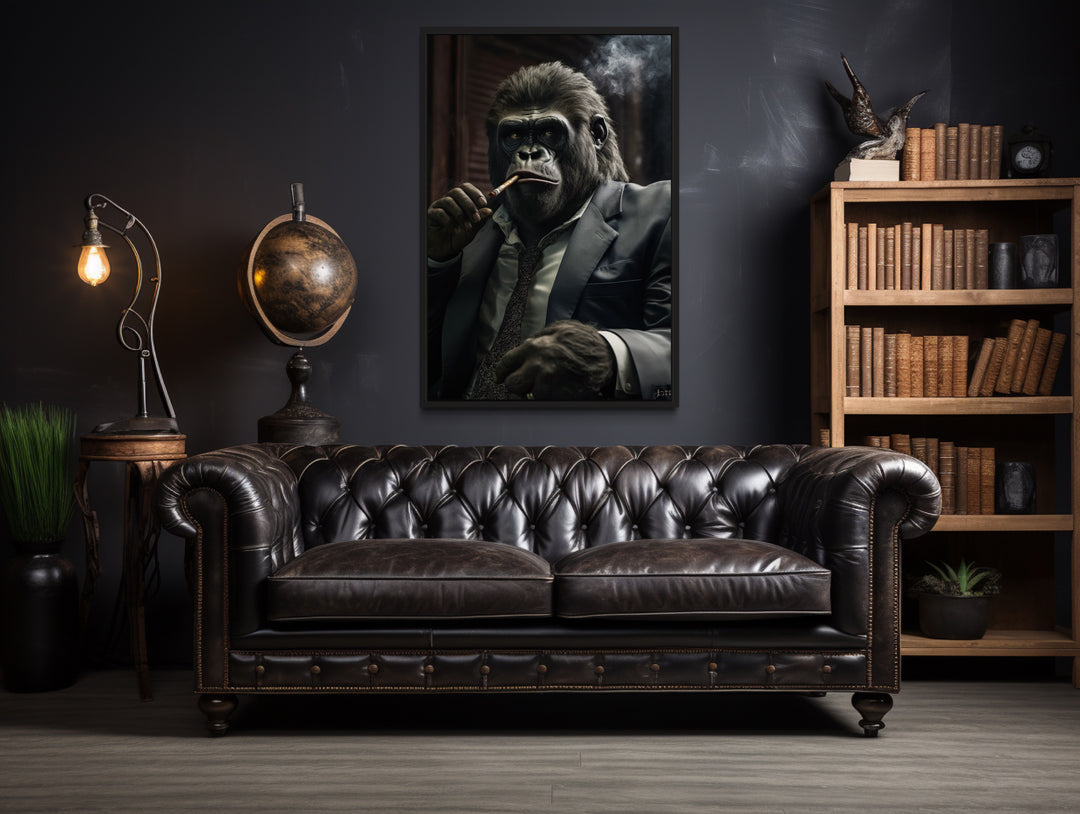 Gangster Gorilla Smoking Cigar Framed Canvas Wall Art For Men