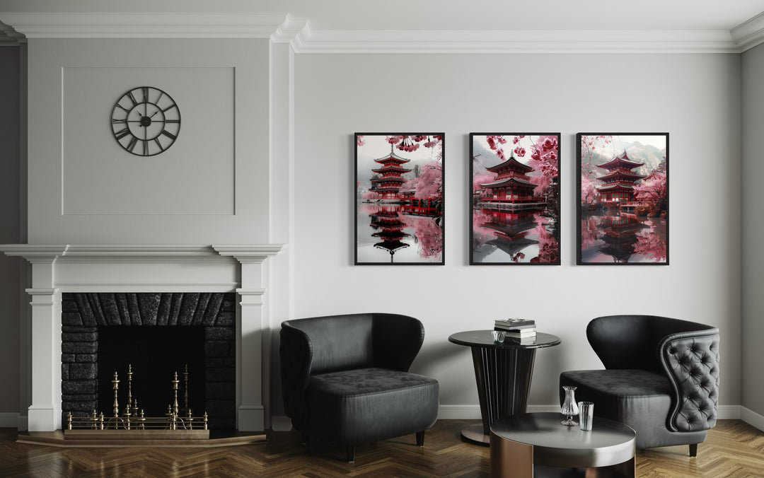 Set Of Three Japanese Pagoda and Cherry Blossom Wall Art in a living room filled with furniture and a fire place