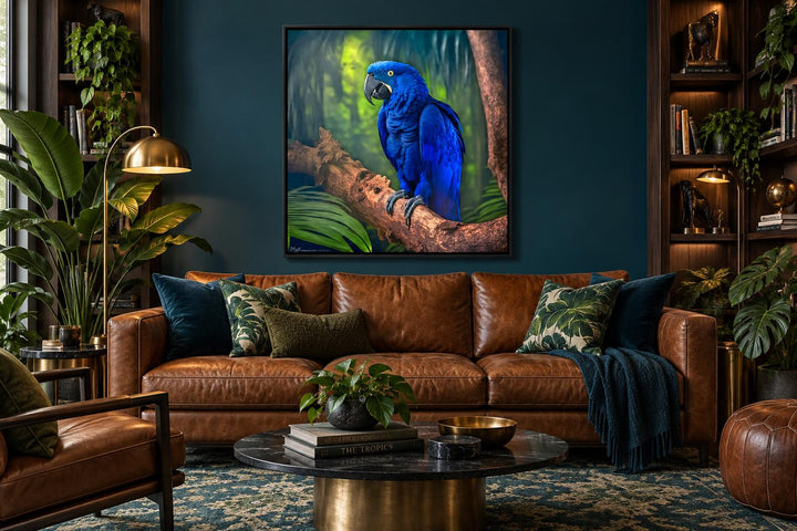 Hyacinth Macaw Parrot canvas wall art featuring a blue macaw perched on a branch in a rainforest.