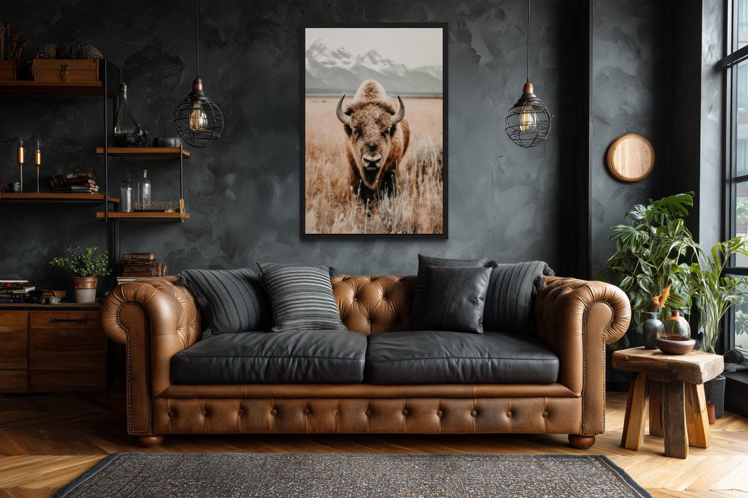 Sepia Bison Canvas Art – Rustic Buffalo Wall Art for Western Farmhouse Decor