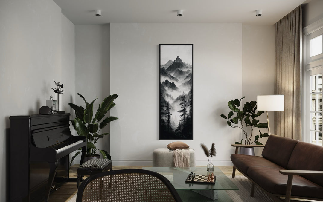 Black And White Foggy Mountain Forest Long Vertical Canvas Wall Art in a living room filled with furniture and a piano