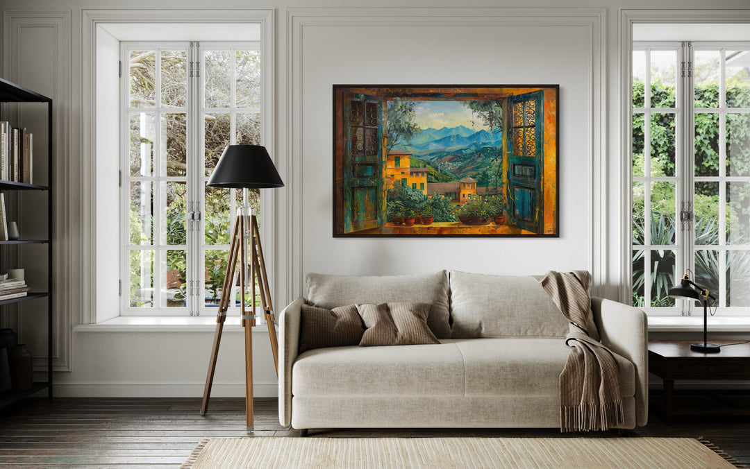 Indian Landscape View Through Open Window Framed Canvas Wall Art in living room