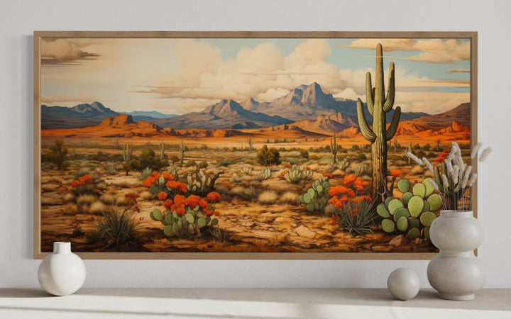 Desert Landscape with cacti Extra Large Southwestern Framed Canvas Wall Decor close up