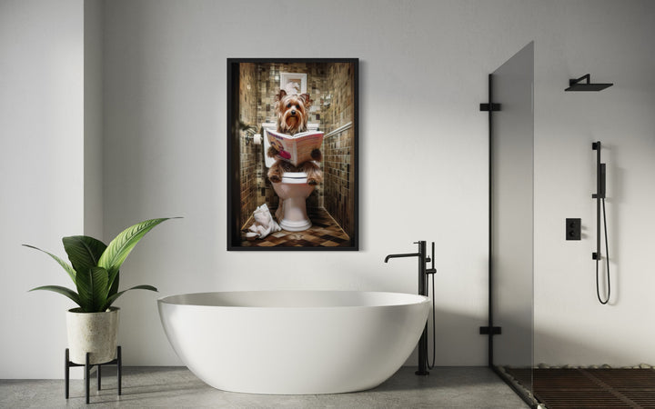 a bathroom with a tub and a painting on the wall