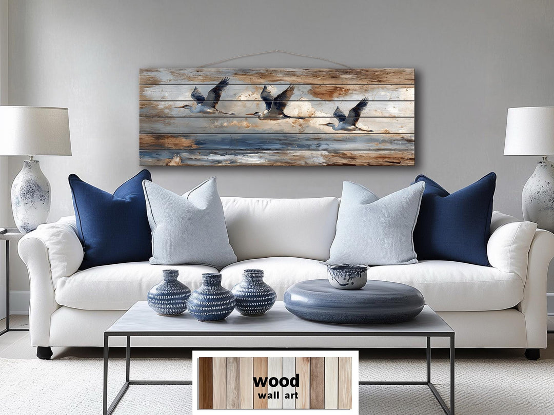 Flying Herons Distressed Wall Art on Wood Planks - Rustic Coastal Bird Decor for Beach Houses