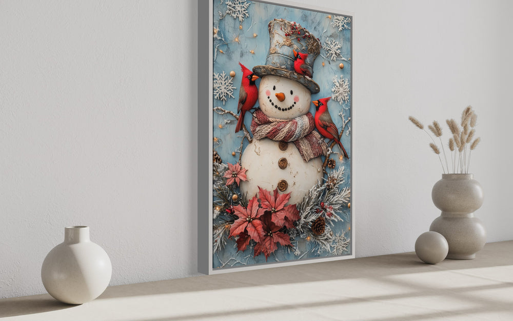 Snowman With Red Cardinals Framed Canvas Wall Art side view