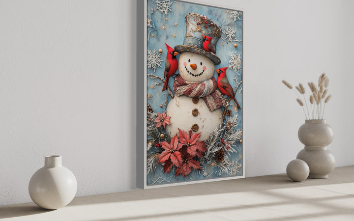 Snowman With Red Cardinals Framed Canvas Wall Art side view