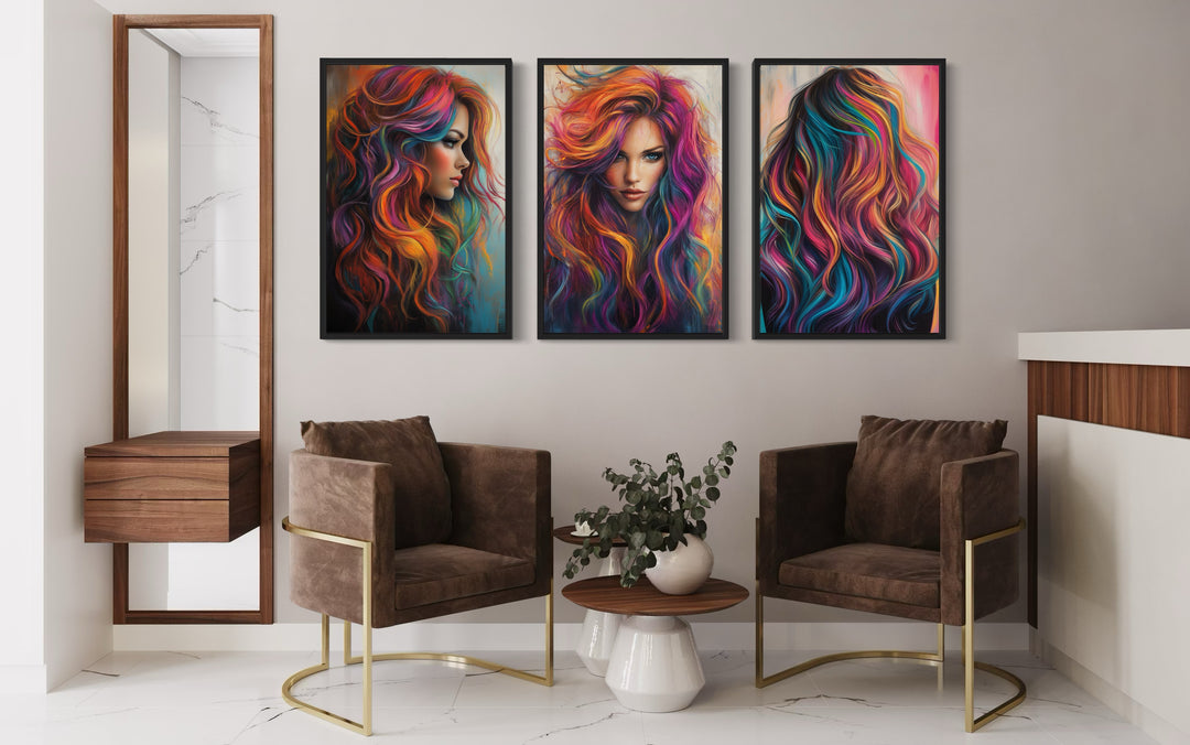 Rainbow Colored Woman wall art in hair salon