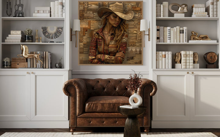 Cowgirl Portrait In Hat Framed Canvas Wall Art in a living room