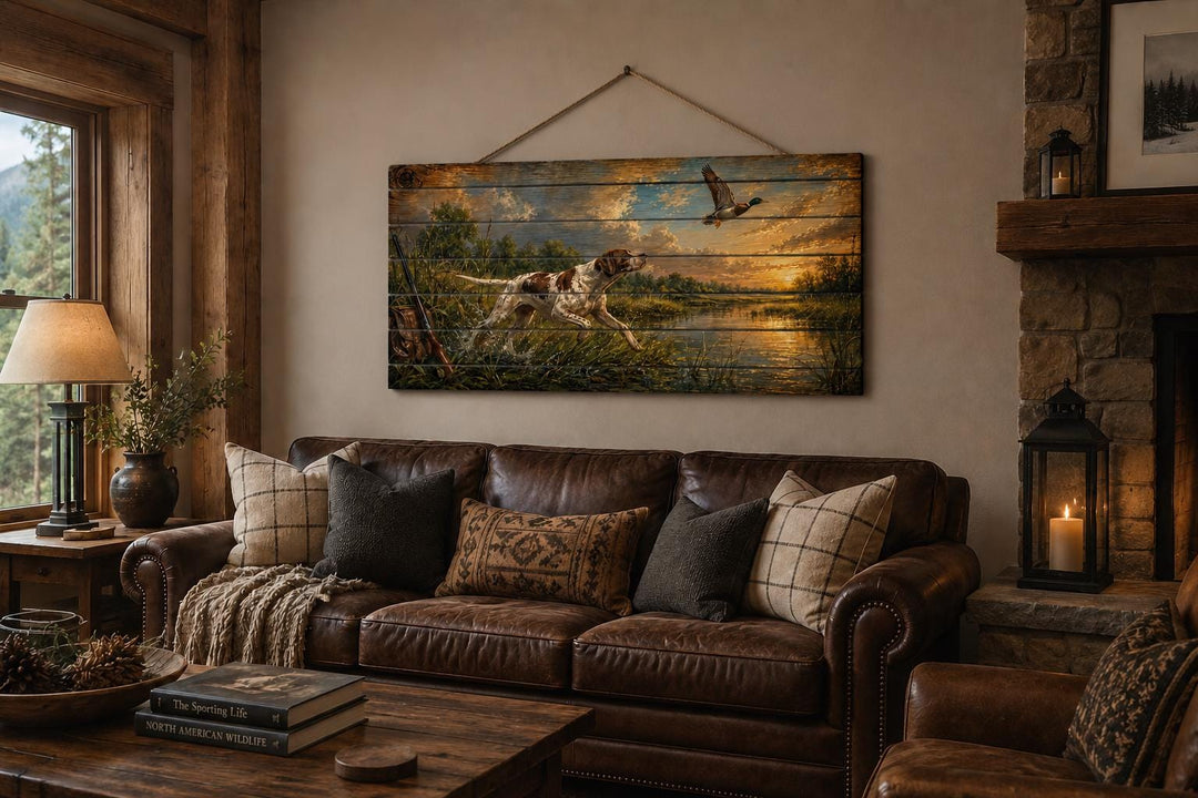 Hunting dog chasing a duck at sunset on distressed wood wall art in a rustic living room.