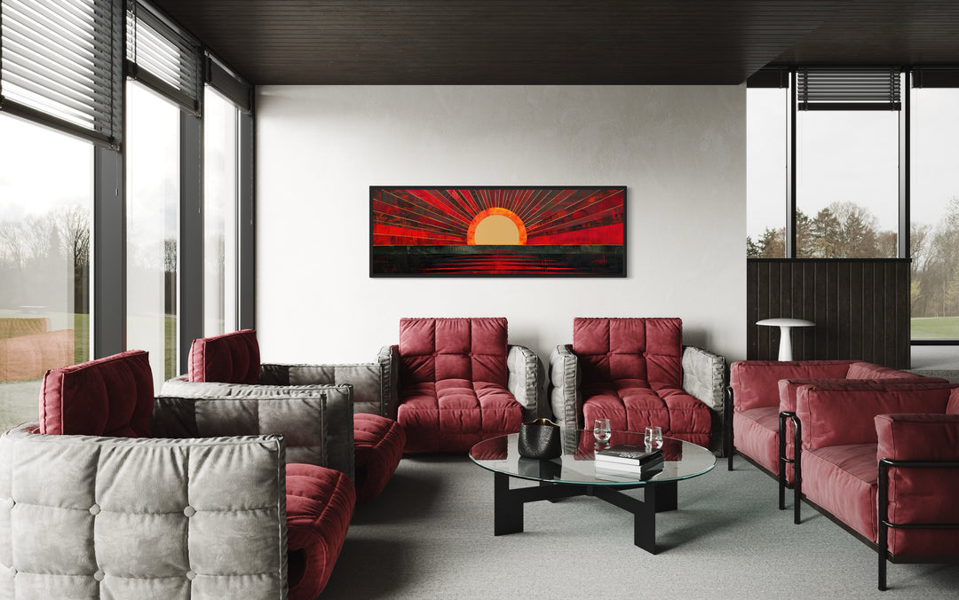 Mid Century Modern Black Red Long Horizontal Sun Wall Art in a living room filled with red couches and chairs