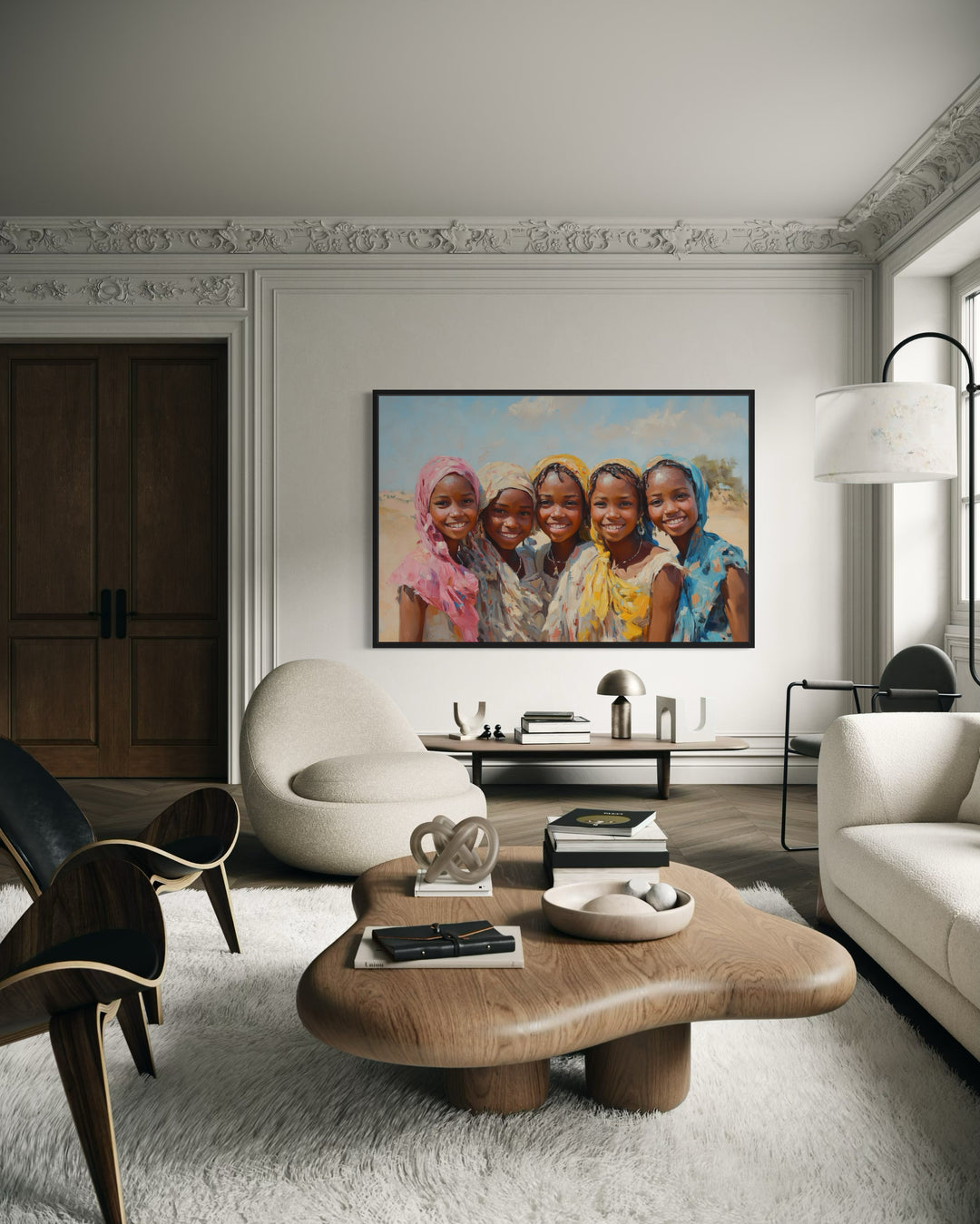 Smiling African Girls In Traditional Clothes Framed Canvas Wall Art in a living room filled with furniture