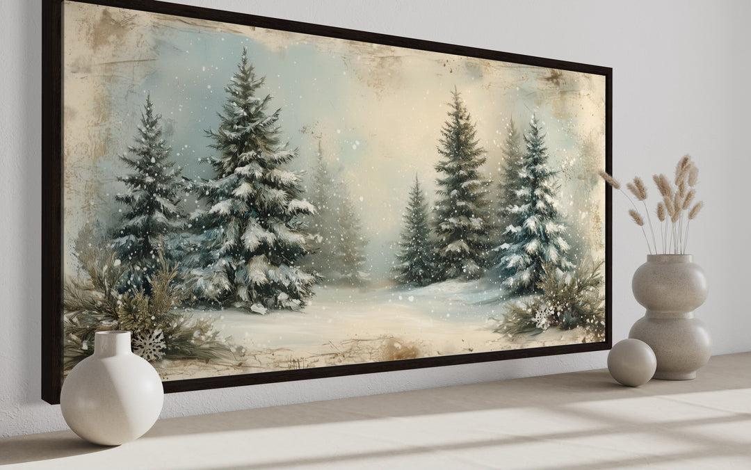 a painting of a snowy scene with pine trees