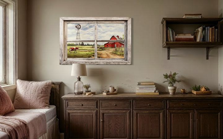 Farm With Red Barn And Cow Open Window Wall Art in living room above table