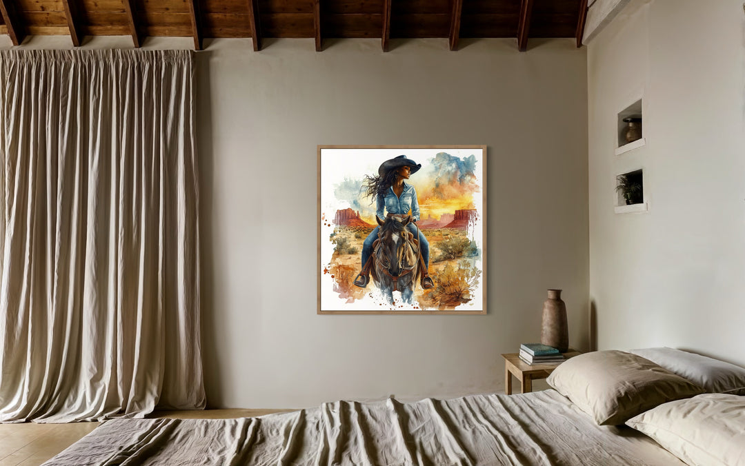 African American Cowgirl Riding A Horse Framed Canvas Wall in bedroom