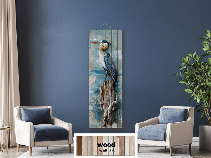 Vertical Blue Heron Wall Art - Distressed Wood Coastal Decor for Lake House