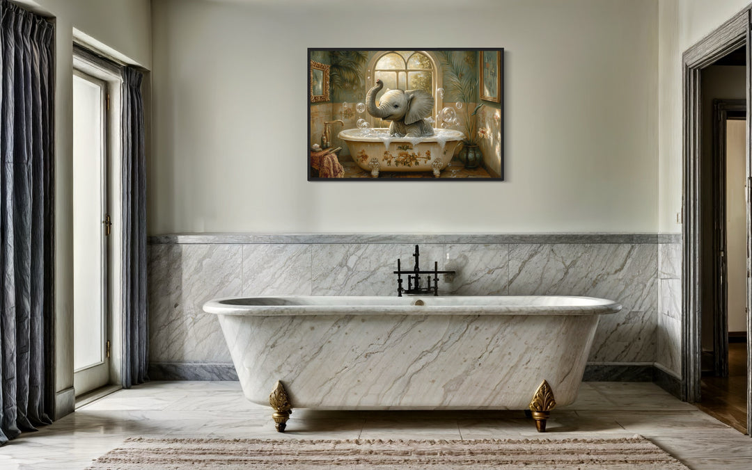 Baby Elephant in a Bathtub Framed Canvas Wall Art