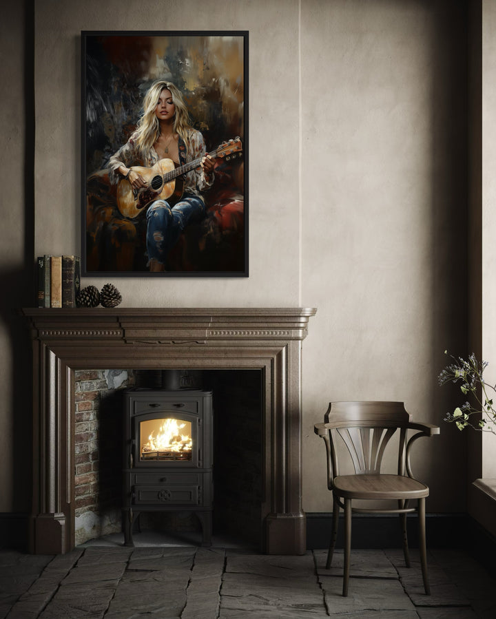 Beautiful Blonde Girl Playing Guitar Framed Canvas Wall Art above fireplace