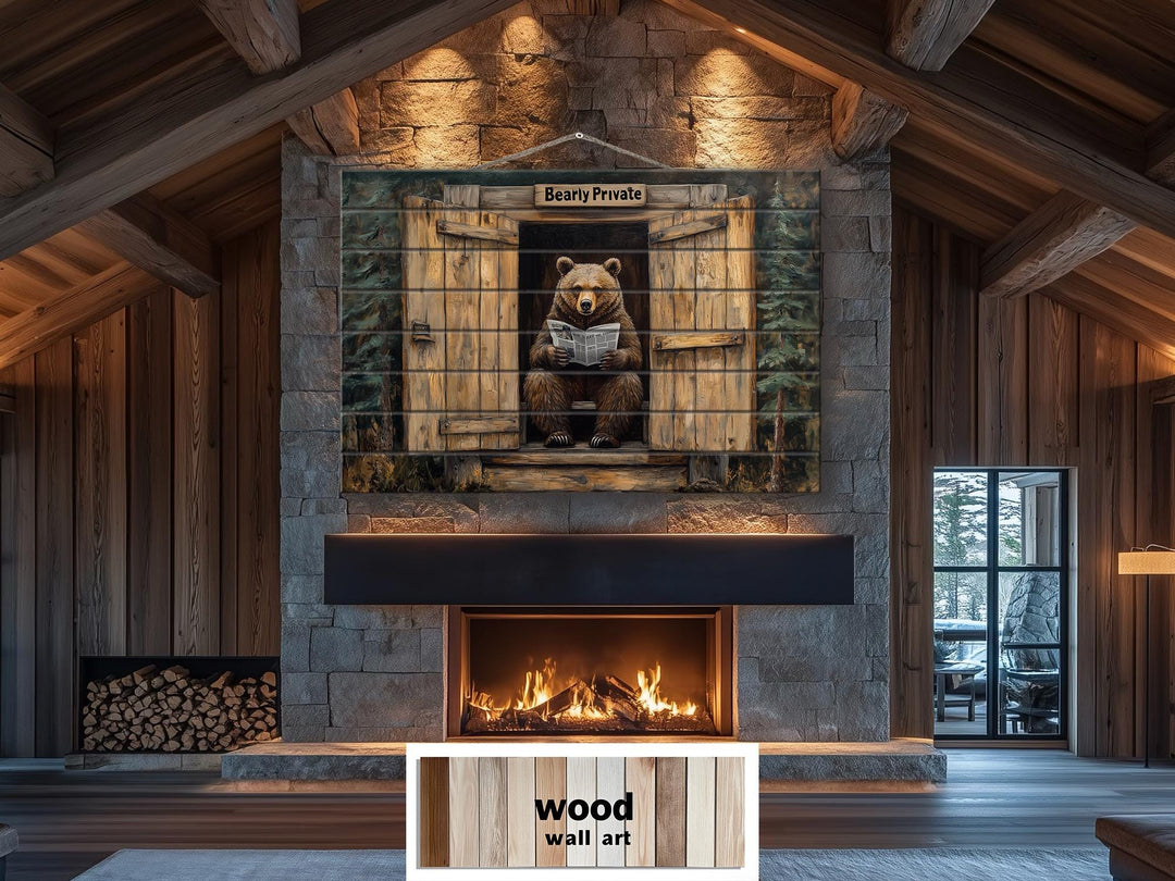 Funny Bear In Outhouse Distressed Wood Wall Art