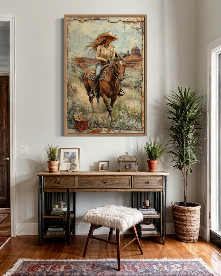 Cowgirl Riding A Horse In The Desert Framed Canvas Wall Art in living room