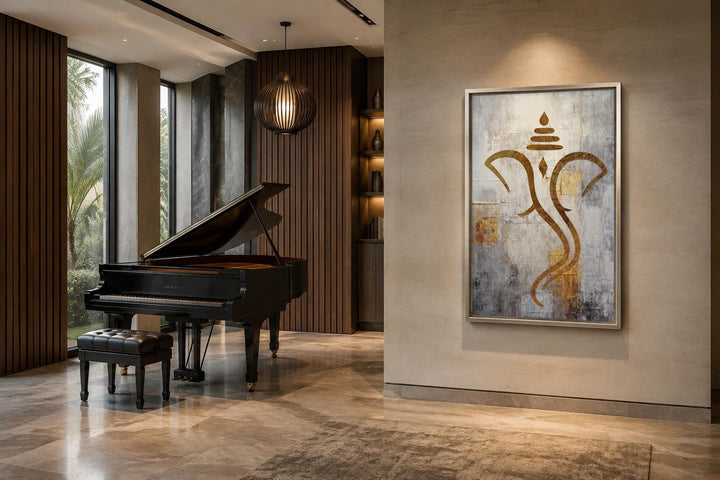 Minimalist gold Lord Ganesha canvas wall art in a slim frame, displayed in a modern living room.