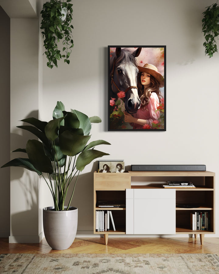 Western Cowgirl and Horse Floral Portrait Canvas Wall Art in living room