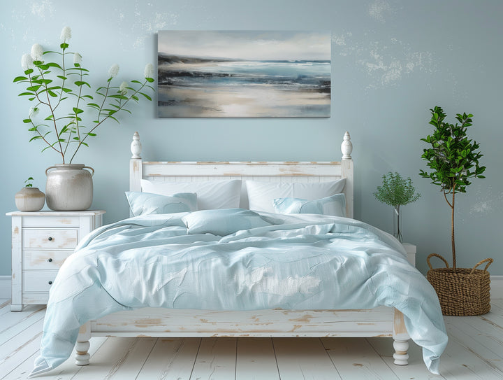 Calm Minimalist Blue Gray Ocean Coastal Framed Canvas Wall above bed