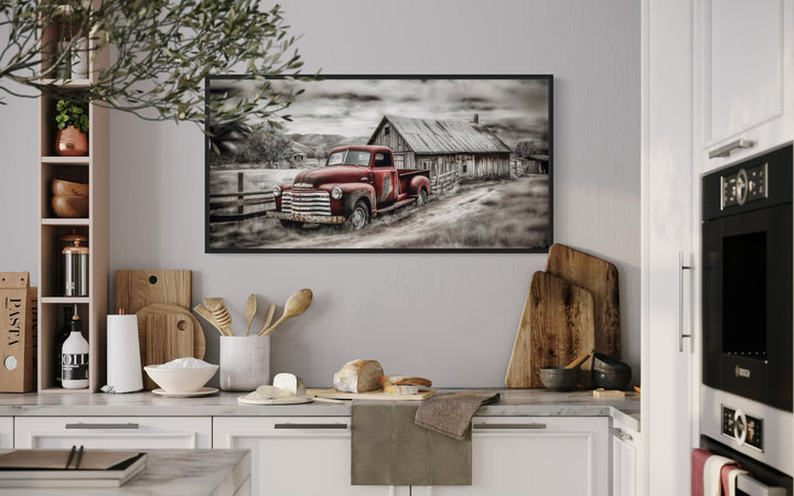 Red Truck And Barn Rustic Farmhouse Wall Decor in farmhouse kitchen