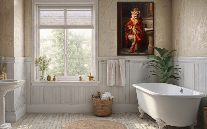 Royal Lioness With Crown Sitting on Toilet Framed Canvas Wall Art in a bathroom with a tub