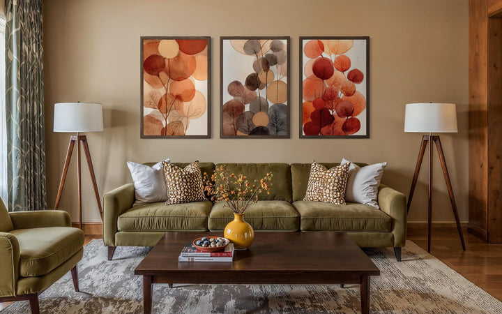 Abstract Botanical Wall Art Set of 3 – Warm Autumn Tones Canvas Prints, Burnt Orange and Beige Leave