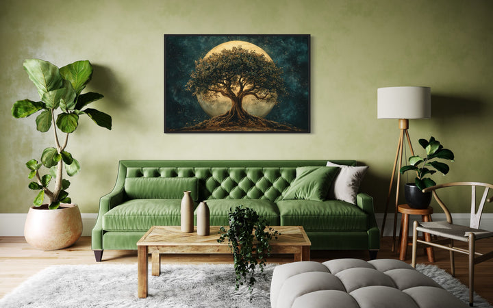 Green Tree Of Life At Night Under Big Moon Framed Canvas Wall Art in green living room