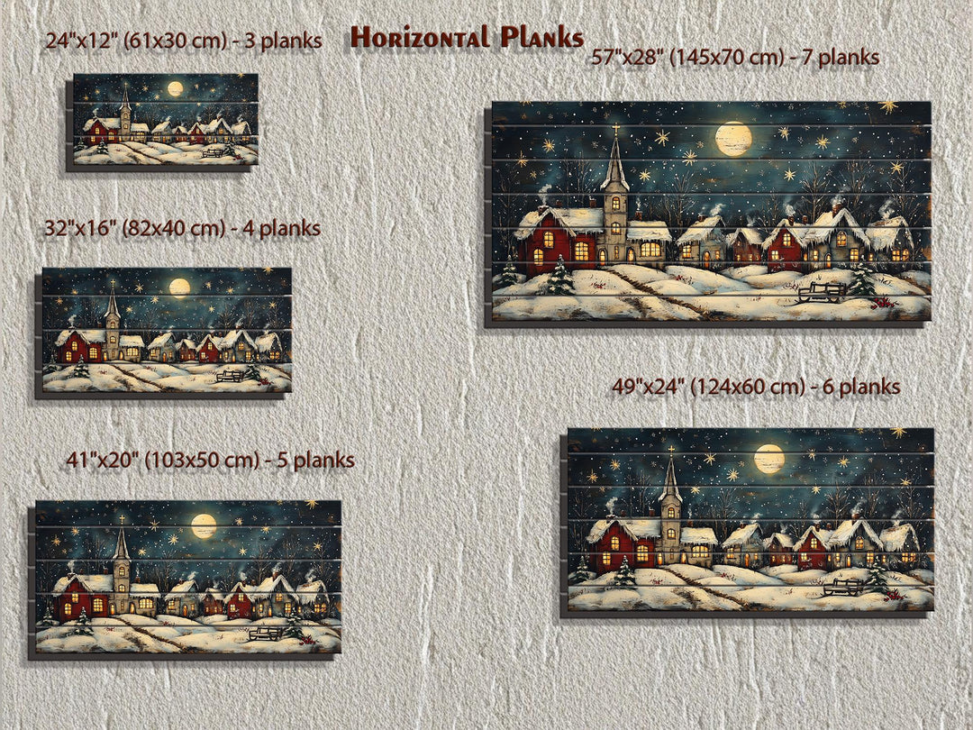 Rustic Christmas Moonlit Village Distressed Wood Wall Art