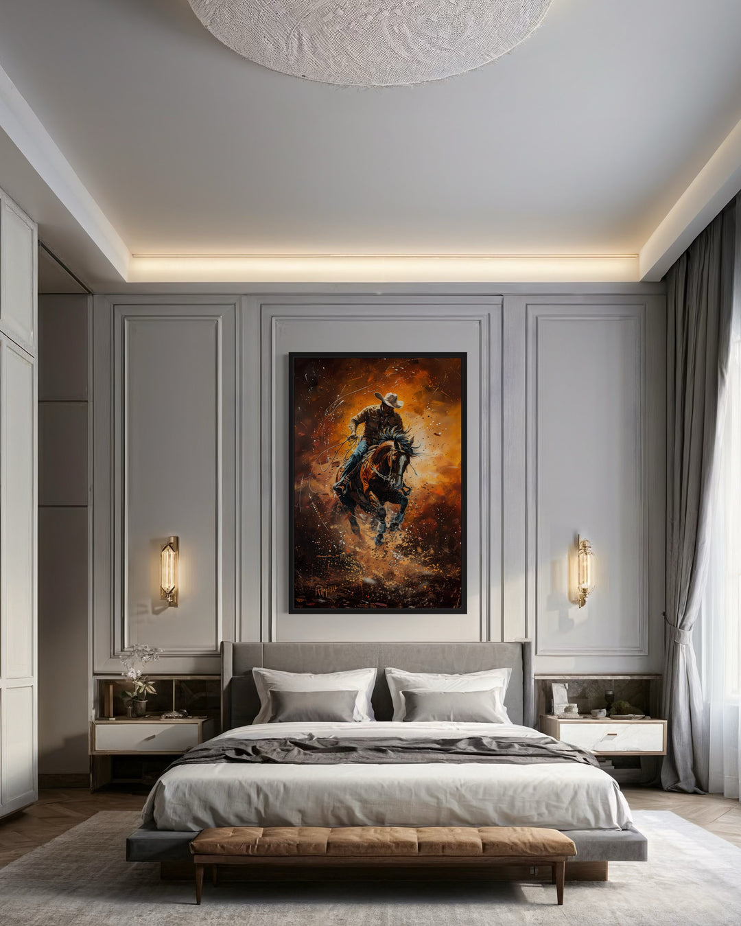 Rodeo Cowboy Riding Bucking Bronco Western Canvas Wall Art above bed