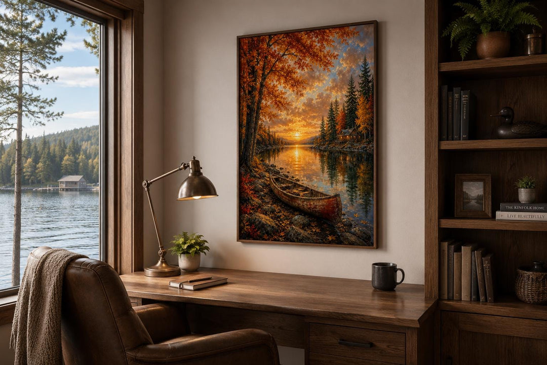 Canoe In Autumn Lake Wall Art - Fall Painting | Vertical Canvas Print, Rustic Cabin Decor