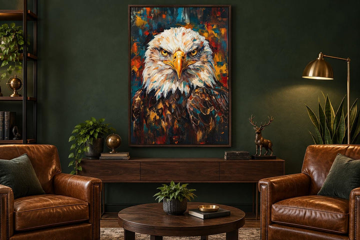 Bald eagle portrait canvas wall art with colorful abstract brushstrokes in a dark green office.