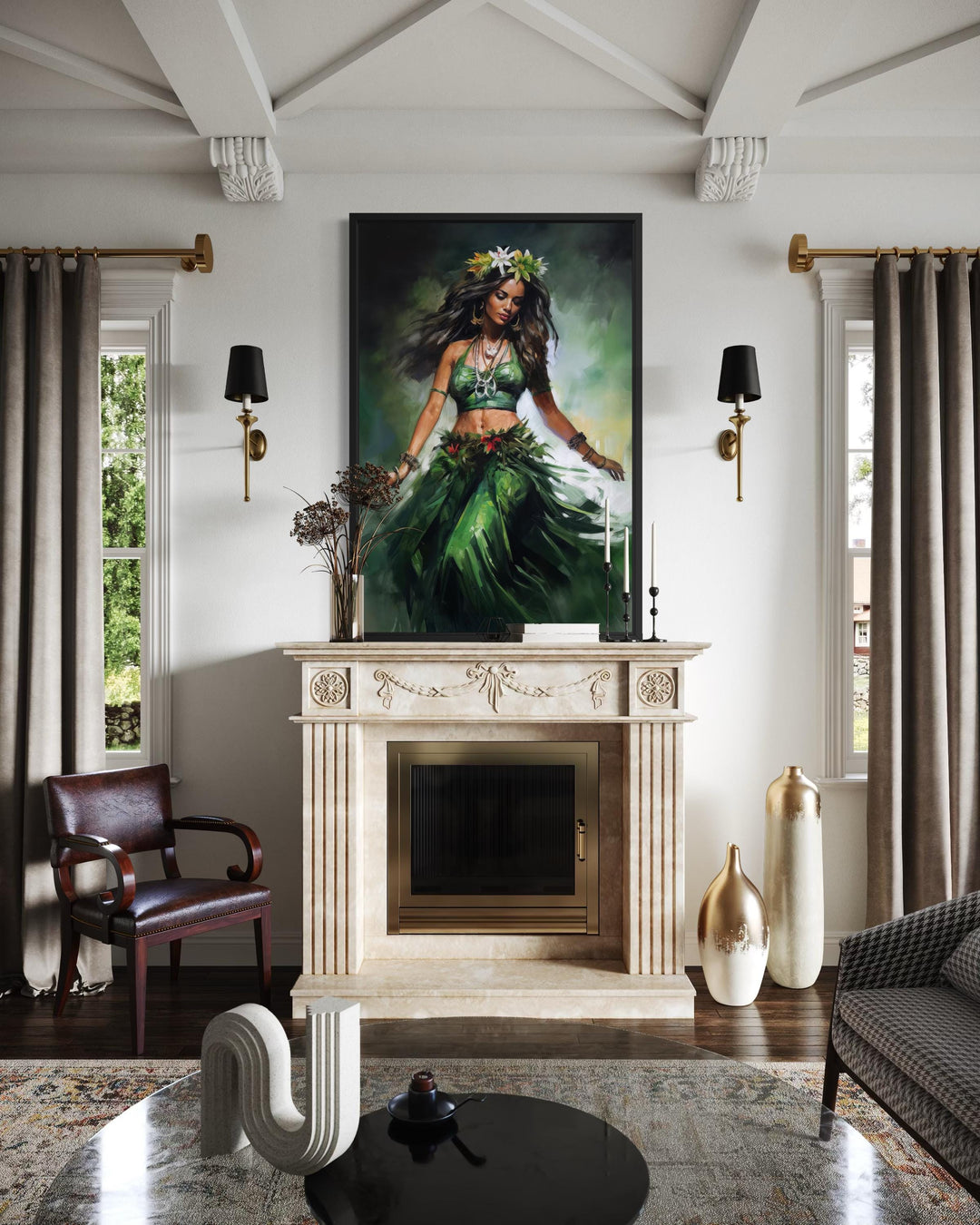 A framed canvas print of a Hawaiian hula dancer in a green dress hangs above a classic fireplace.