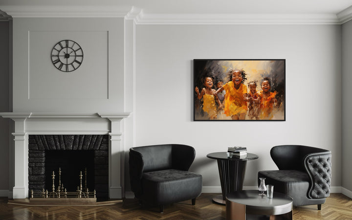 Happy African Kids Playing Framed Canvas Wall Art in a living room filled with furniture and a fire place